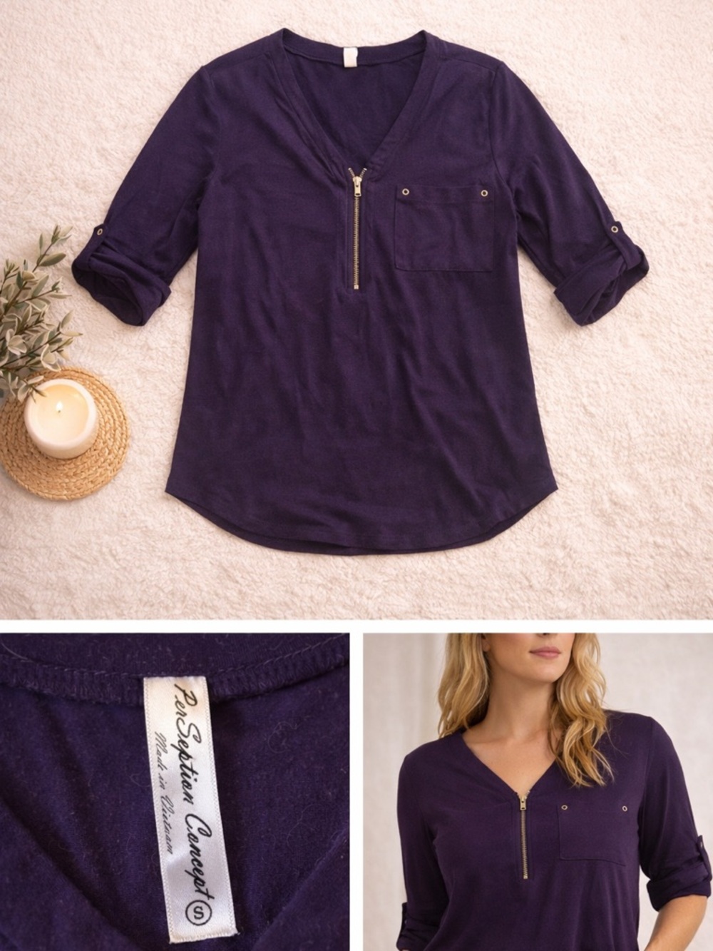 Perfection Concept Deep Purple V-Neck Zip Blouse